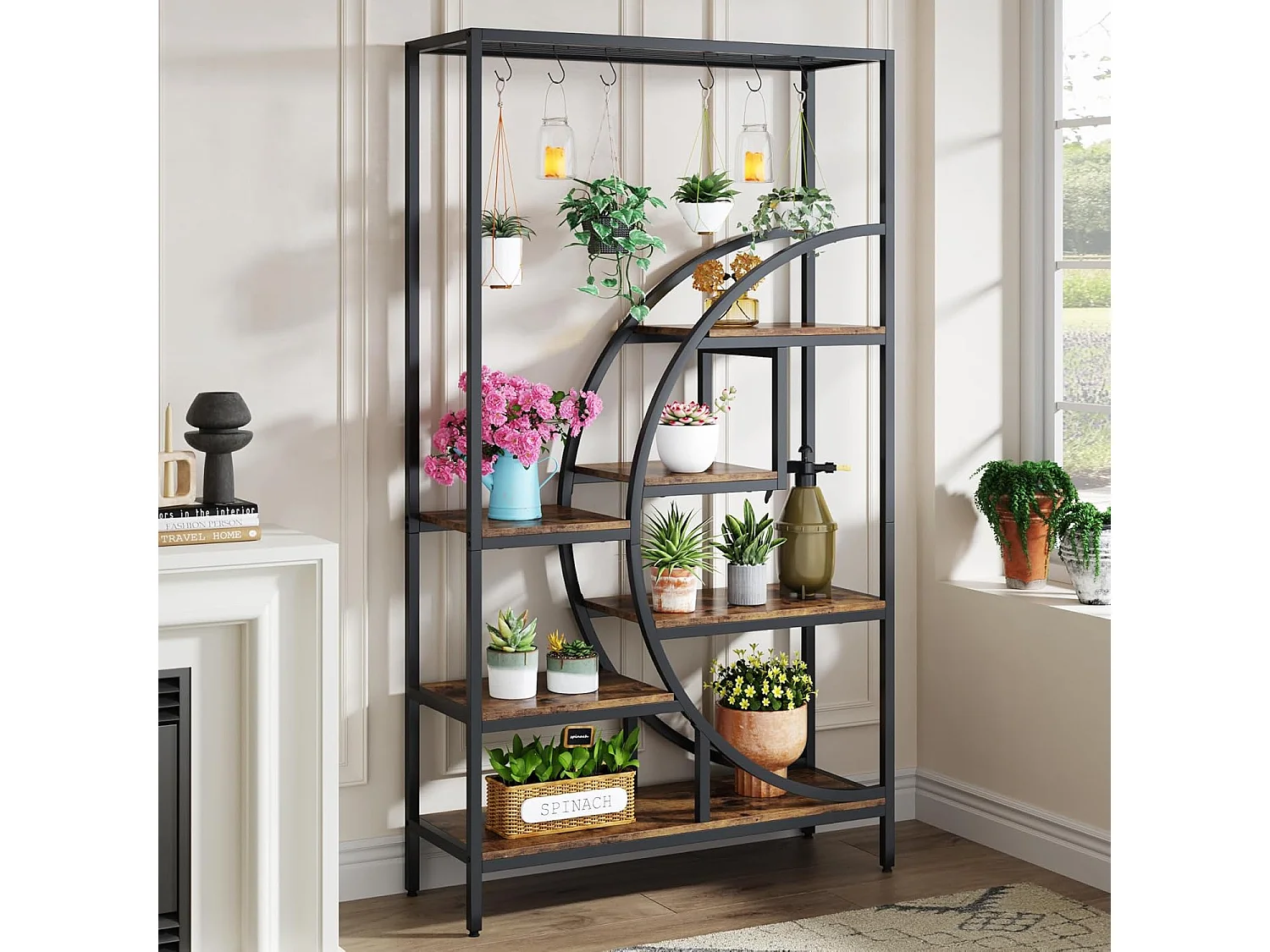 7-laags plantenrek voor binnen, 180 cm halvemaanvormig plantenrek met 6 S-vormige ophanghaken, 1 st.
