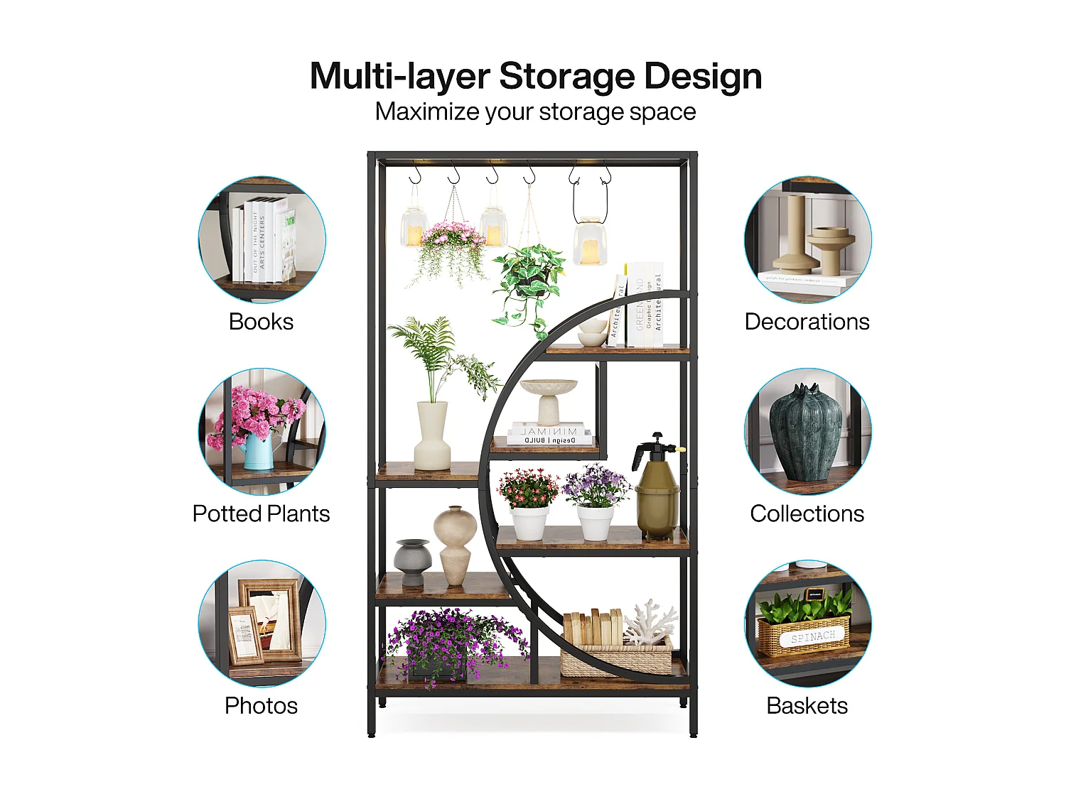 7-laags plantenrek voor binnen, 180 cm halvemaanvormig plantenrek met 6 S-vormige ophanghaken, 1 st.