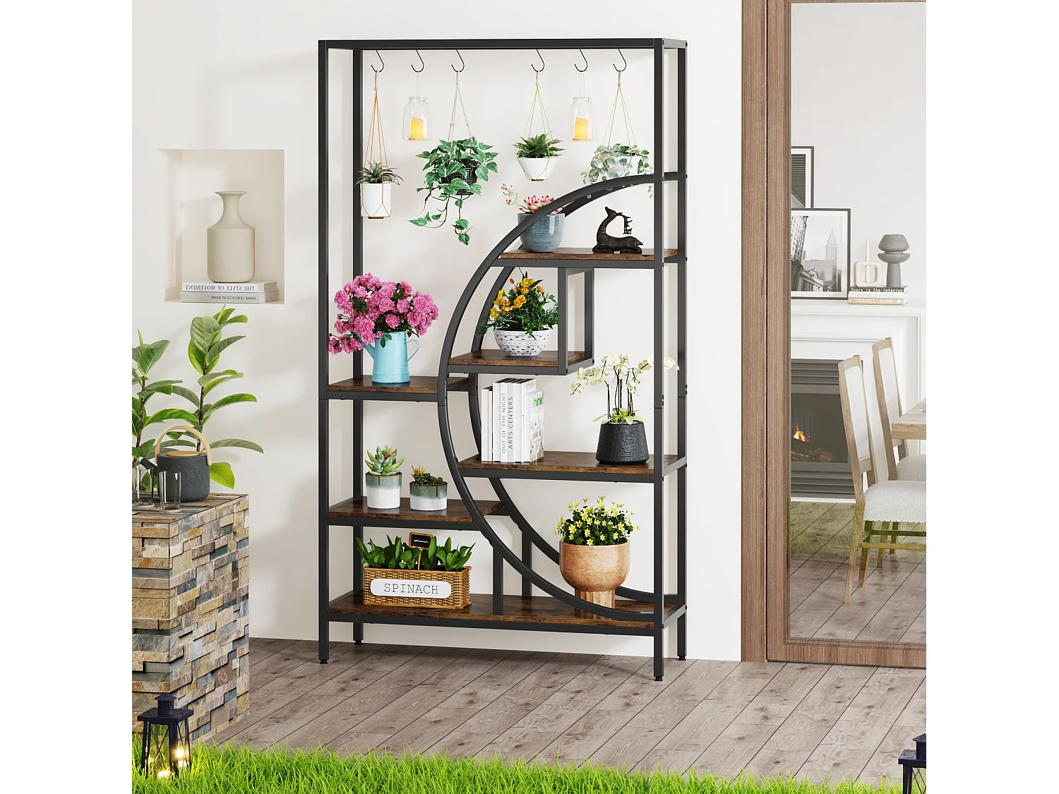 7-laags plantenrek voor binnen, 180 cm halvemaanvormig plantenrek met 6 S-vormige ophanghaken, 1 st.