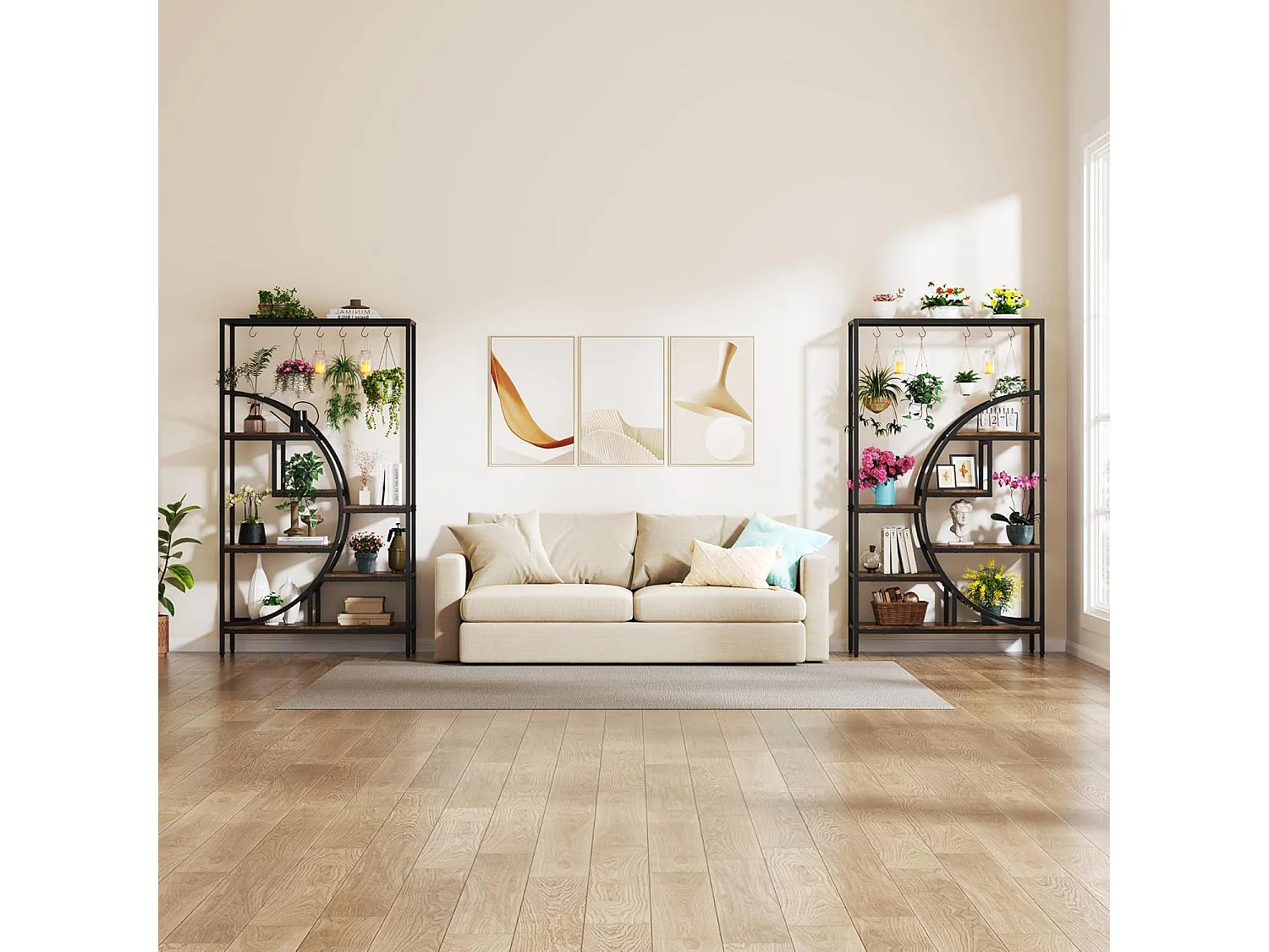 7-laags plantenrek voor binnen, 180 cm halvemaanvormig plantenrek met 6 S-vormige ophanghaken, 1 st.