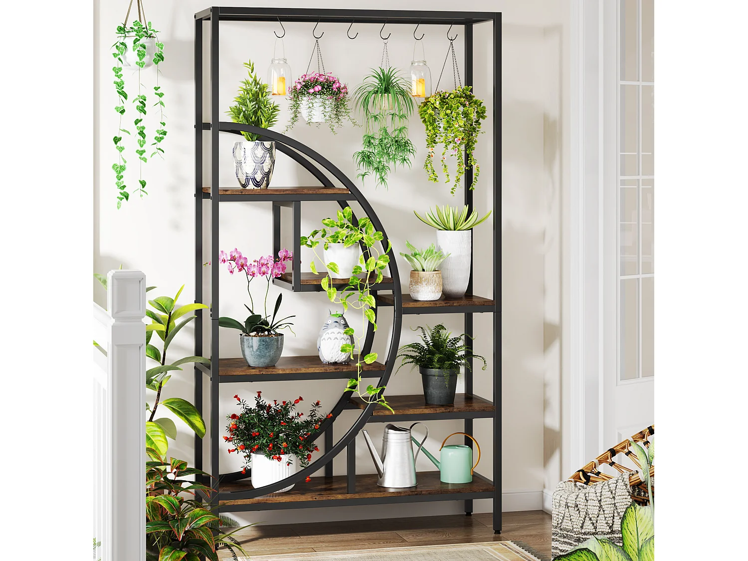 7-laags plantenrek voor binnen, 180 cm halvemaanvormig plantenrek met 6 S-vormige ophanghaken, 1 st.