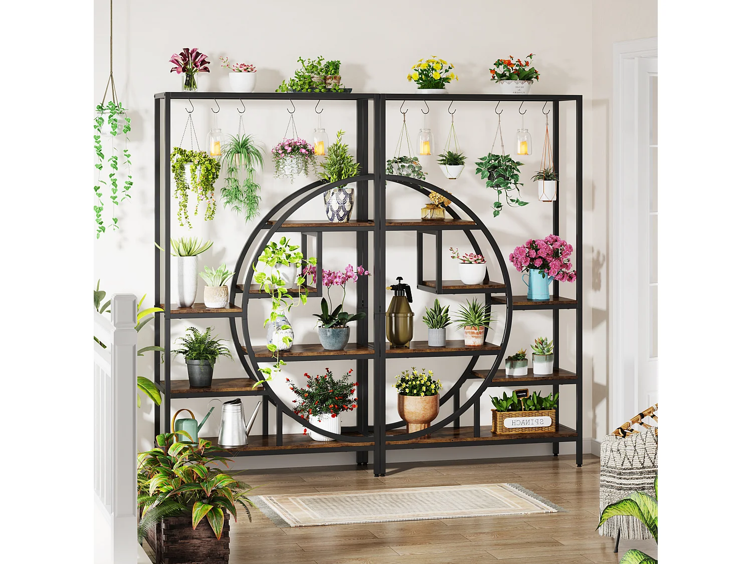 7-laags plantenrek voor binnen, 180 cm halvemaanvormig plantenrek met 6 S-vormige ophanghaken, 1 st.