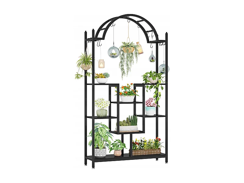 Soporte para plantas de interior de 5 niveles, 190 cm, Estantería para plantas de metal con 8 ganchos en S, Negro