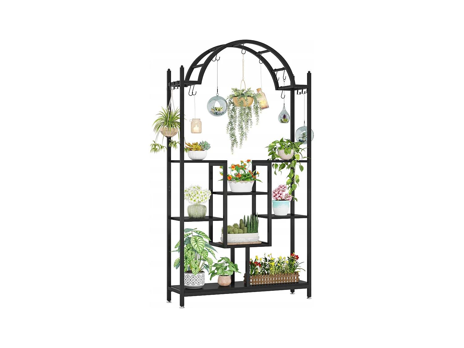 Support pour plantes d'intérieur à 5 niveaux, 190 cm, Étagère pour plantes en métal avec 8 crochets en S,Noir