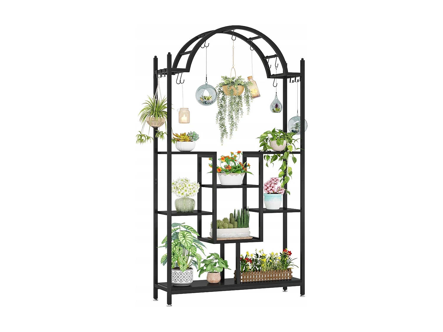 Support pour plantes d'intérieur à 5 niveaux, 190 cm, Étagère pour plantes en métal avec 8 crochets en S,Noir