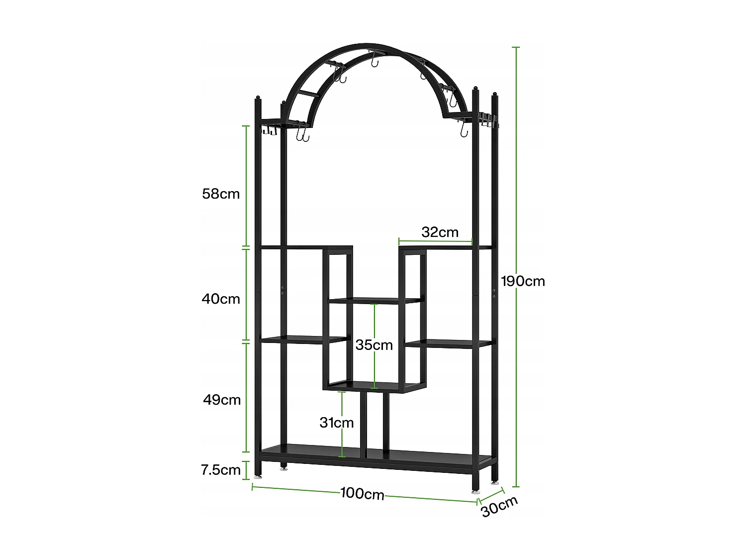 Support pour plantes d'intérieur à 5 niveaux, 190 cm, Étagère pour plantes en métal avec 8 crochets en S,Noir