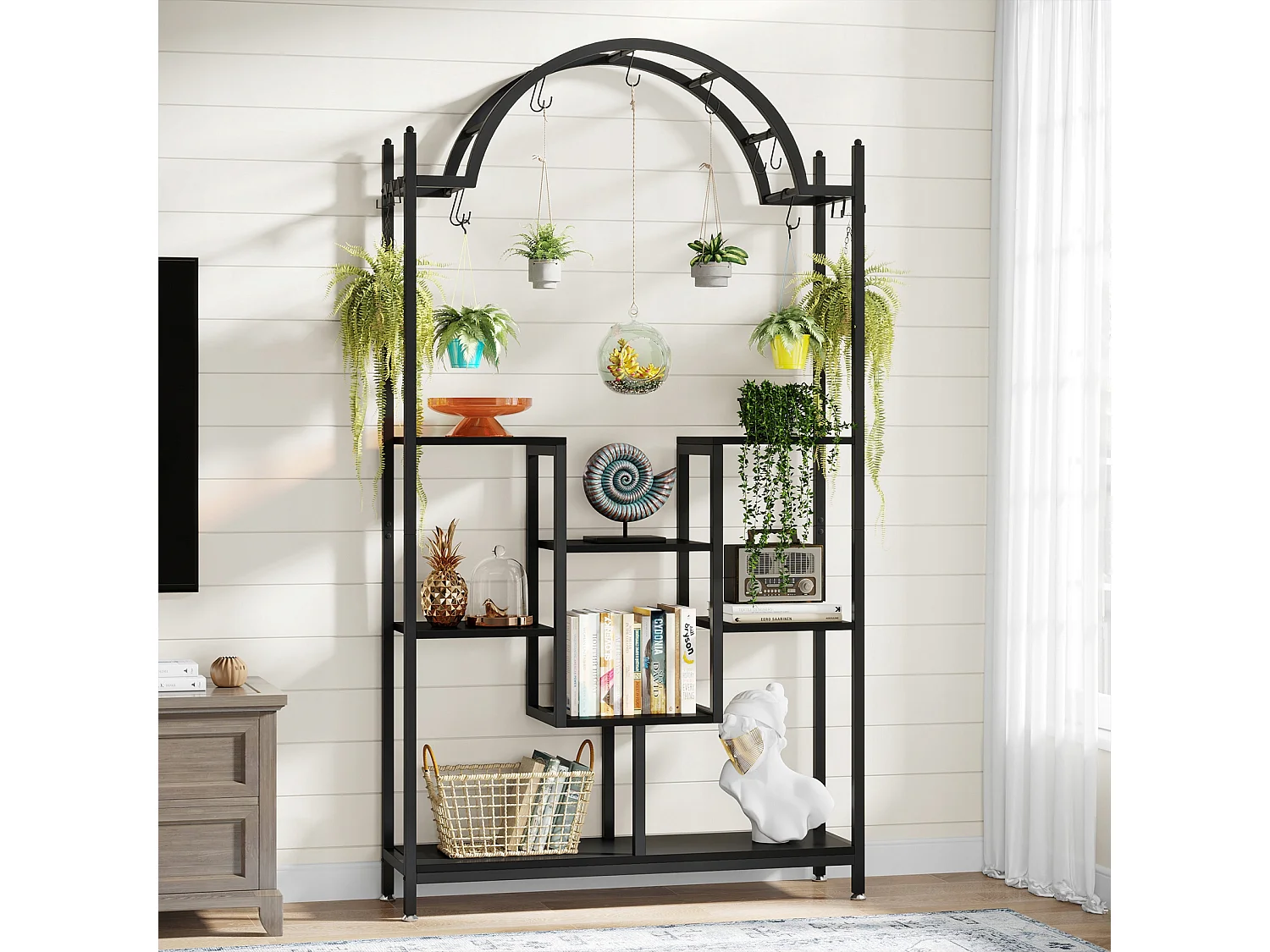 Support pour plantes d'intérieur à 5 niveaux, 190 cm, Étagère pour plantes en métal avec 8 crochets en S,Noir