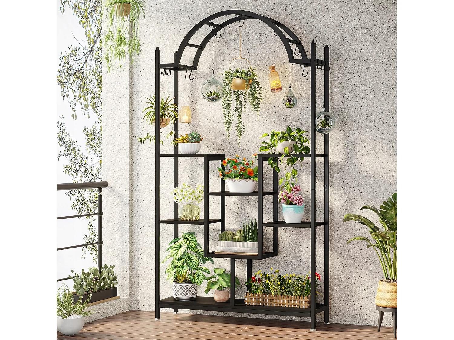 Support pour plantes d'intérieur à 5 niveaux, 190 cm, Étagère pour plantes en métal avec 8 crochets en S,Noir