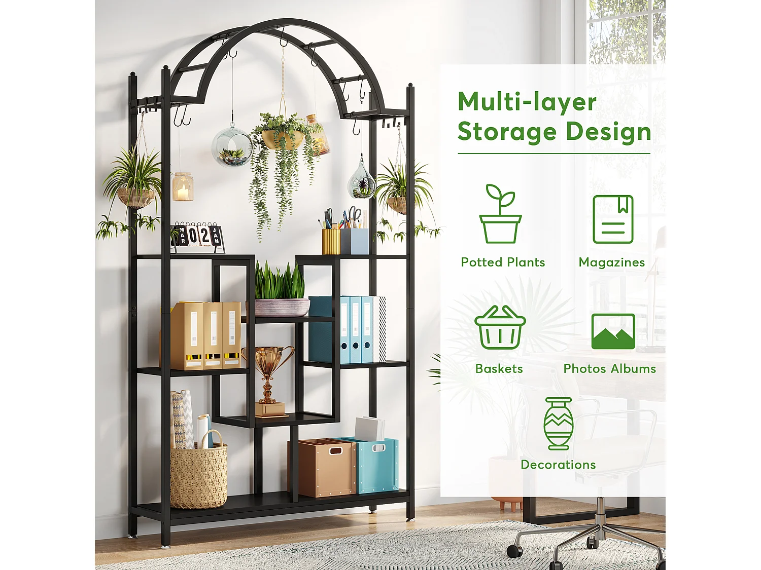 Support pour plantes d'intérieur à 5 niveaux, 190 cm, Étagère pour plantes en métal avec 8 crochets en S,Noir