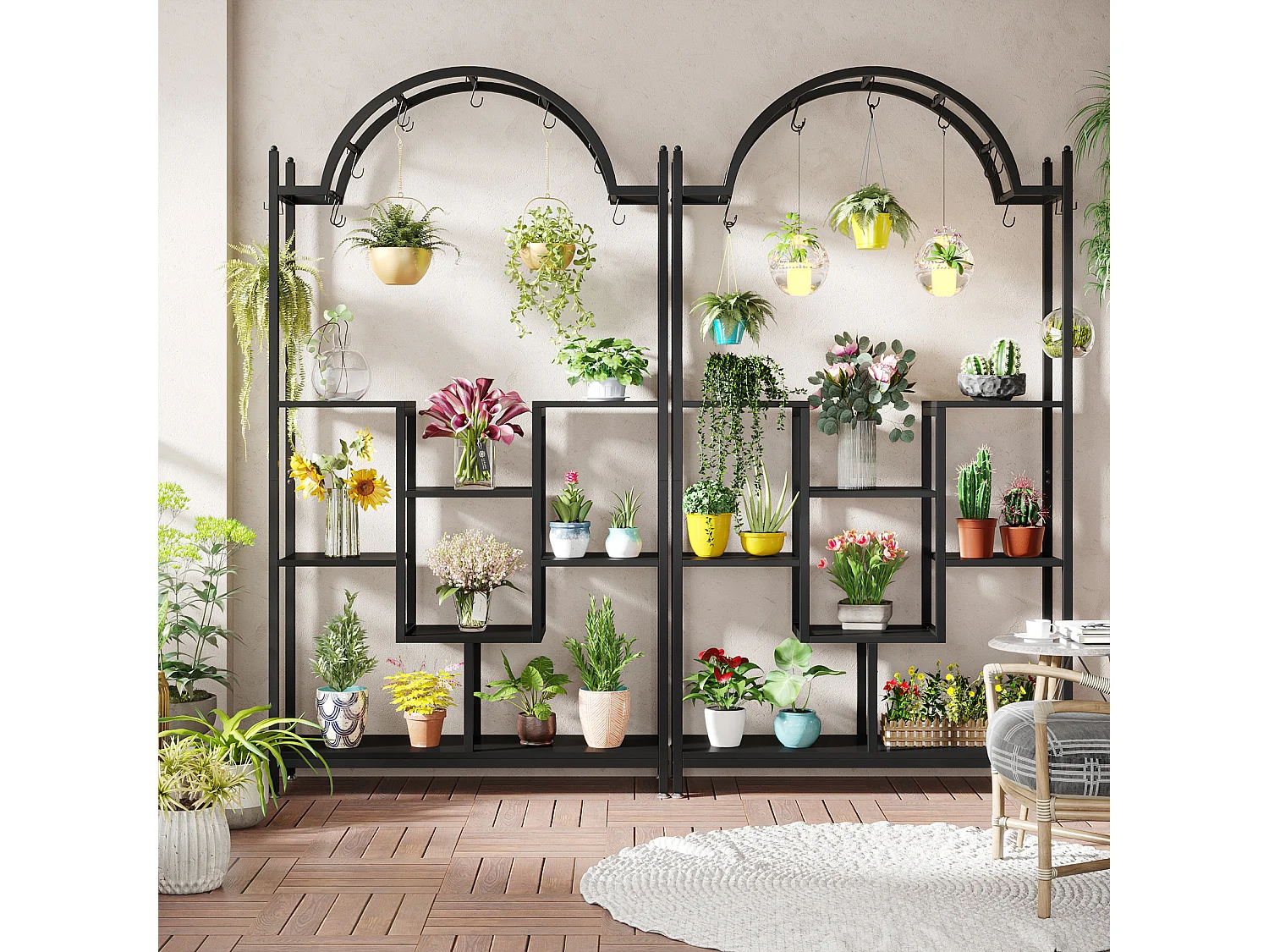 Support pour plantes d'intérieur à 5 niveaux, 190 cm, Étagère pour plantes en métal avec 8 crochets en S,Noir