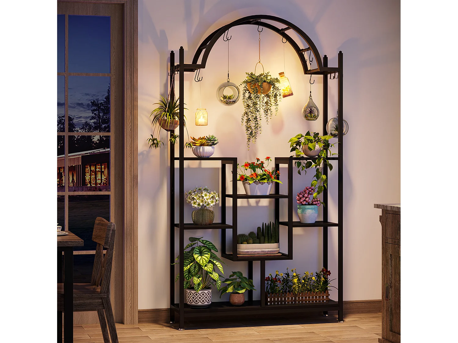 Support pour plantes d'intérieur à 5 niveaux, 190 cm, Étagère pour plantes en métal avec 8 crochets en S,Noir