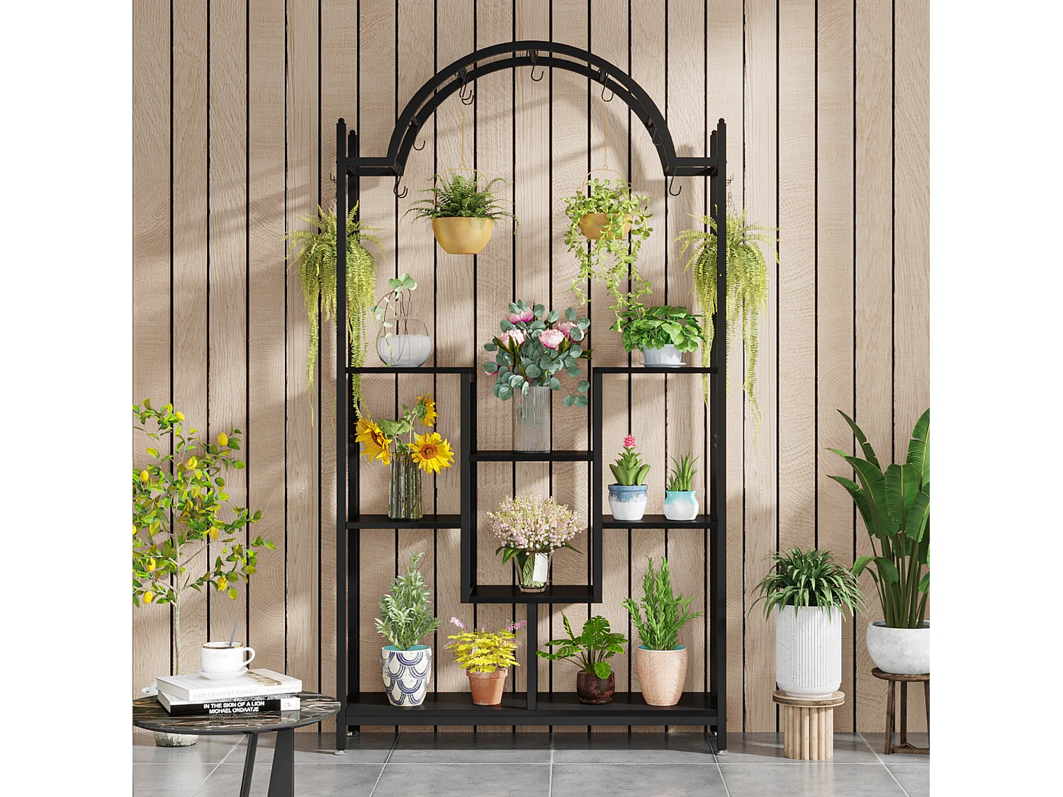 Support pour plantes d'intérieur à 5 niveaux, 190 cm, Étagère pour plantes en métal avec 8 crochets en S,Noir