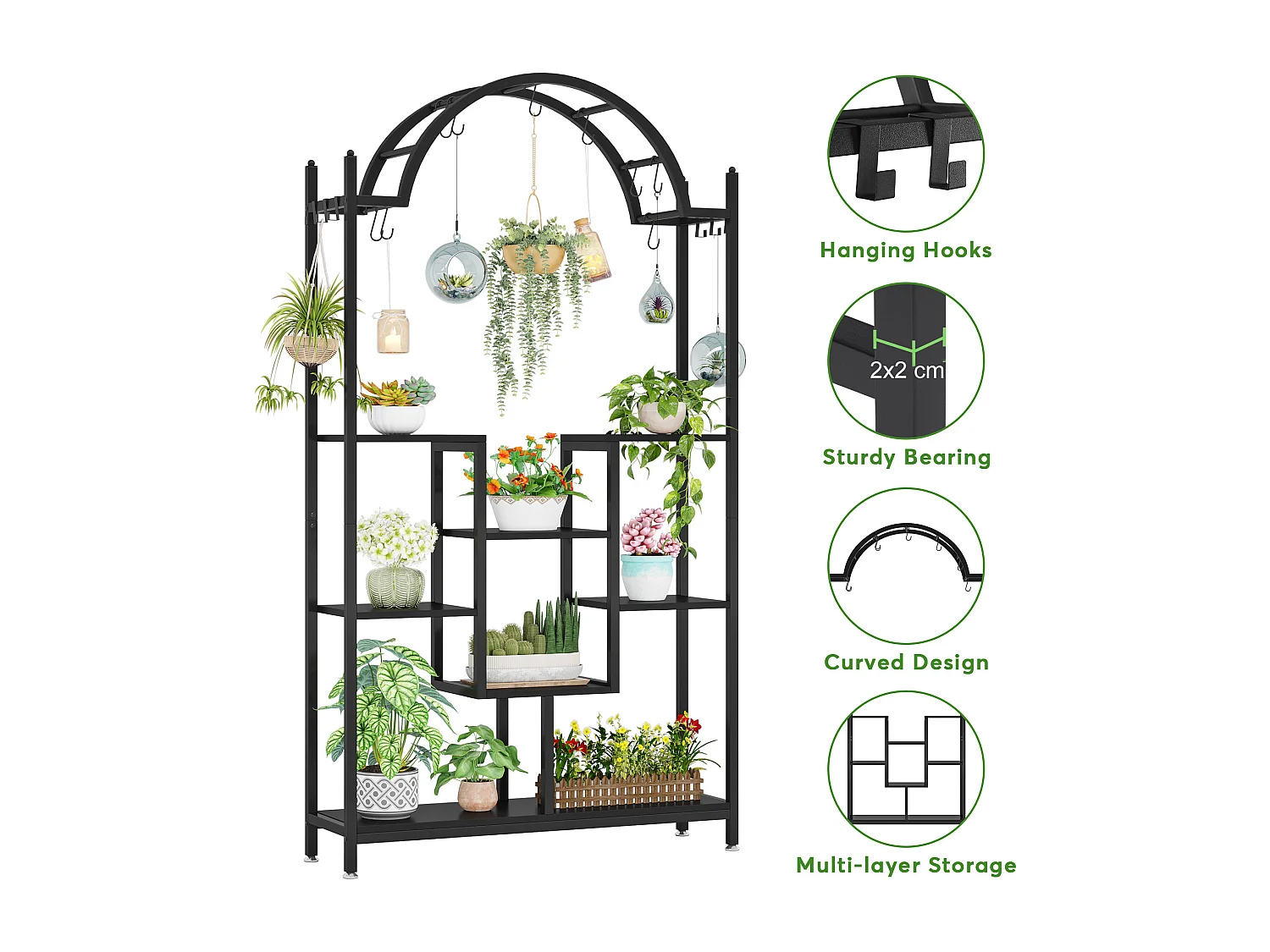 Support pour plantes d'intérieur à 5 niveaux, 190 cm, Étagère pour plantes en métal avec 8 crochets en S,Noir