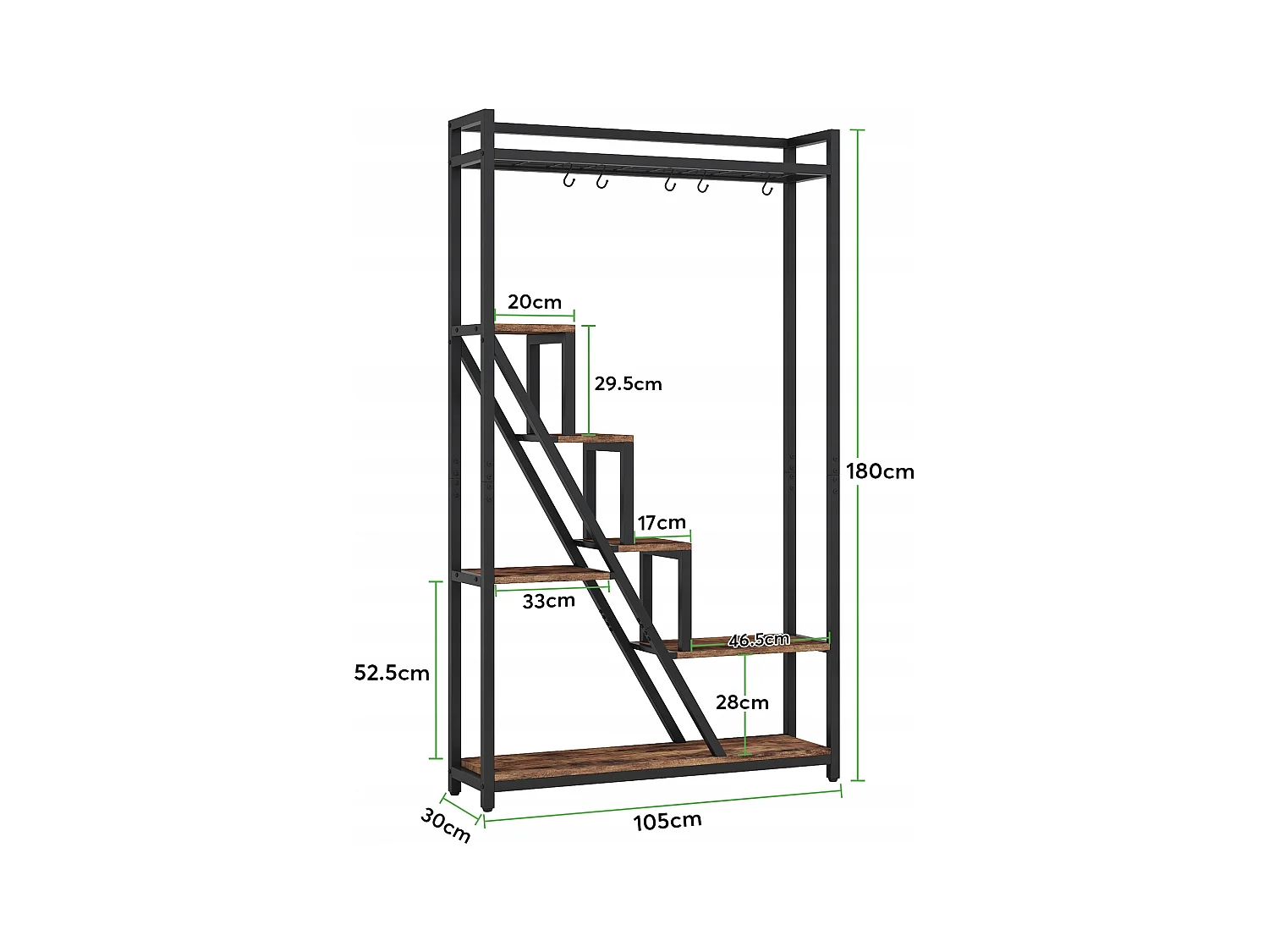 7-laags plantenstandaard voor binnen, 180 cm grote metalen plantenplank met 10 S-haken, bruin