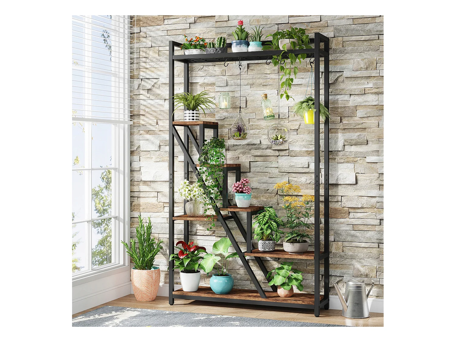 7-laags plantenstandaard voor binnen, 180 cm grote metalen plantenplank met 10 S-haken, bruin