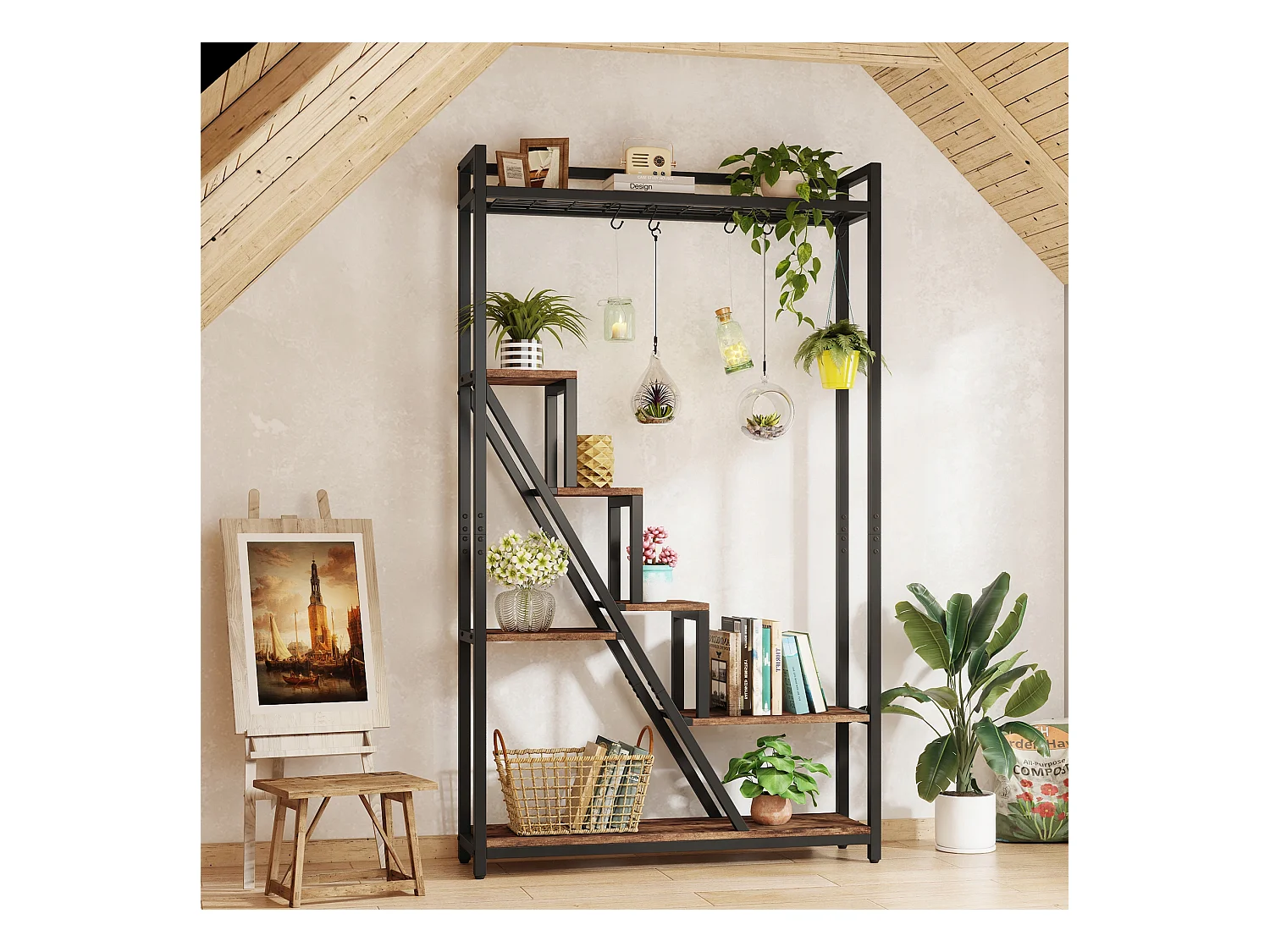 7-laags plantenstandaard voor binnen, 180 cm grote metalen plantenplank met 10 S-haken, bruin