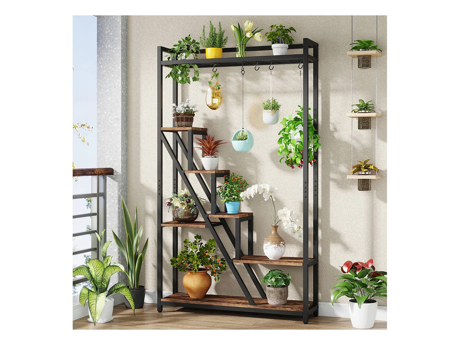 7-laags plantenstandaard voor binnen, 180 cm grote metalen plantenplank met 10 S-haken, bruin