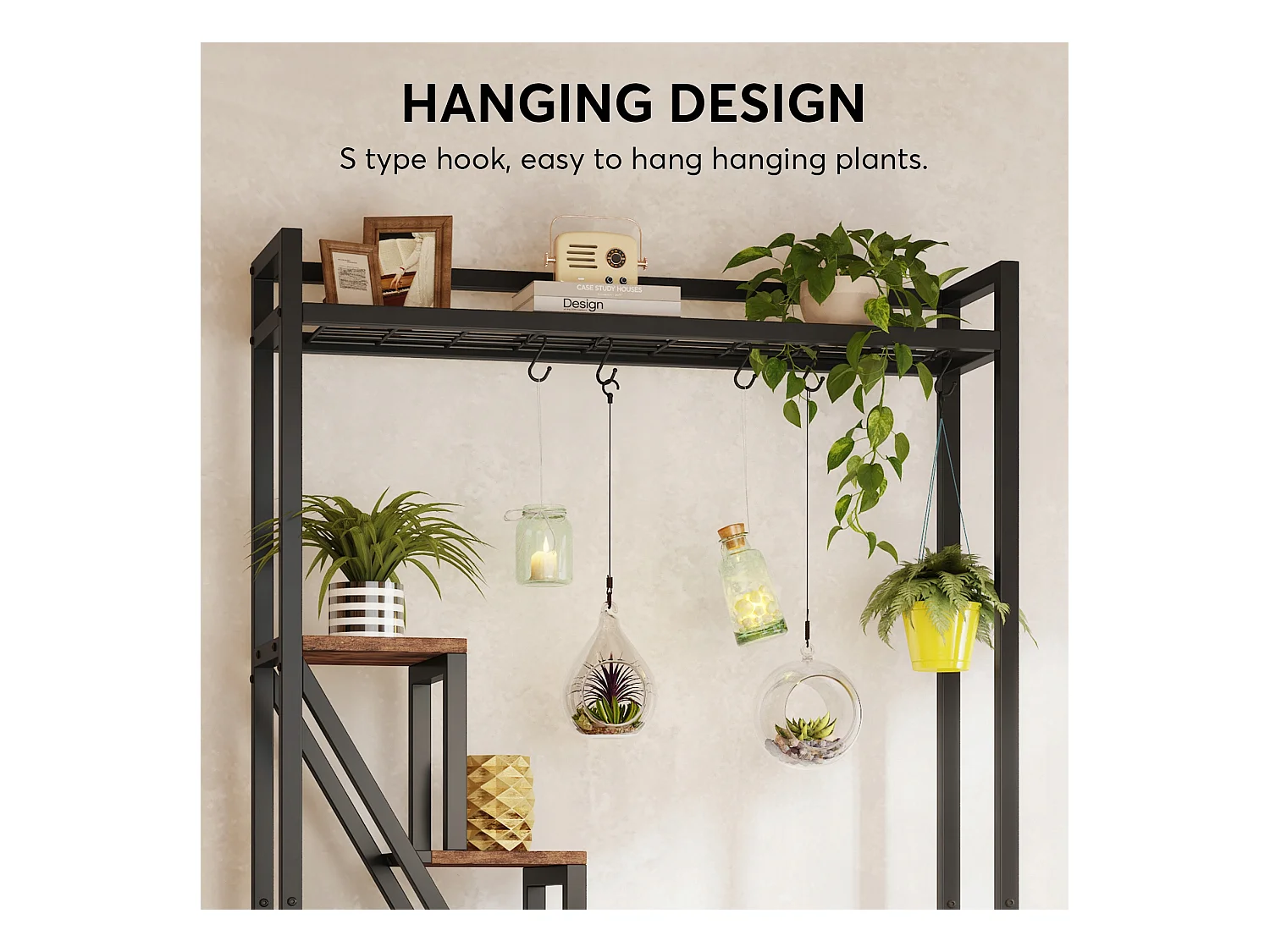 7-laags plantenstandaard voor binnen, 180 cm grote metalen plantenplank met 10 S-haken, bruin