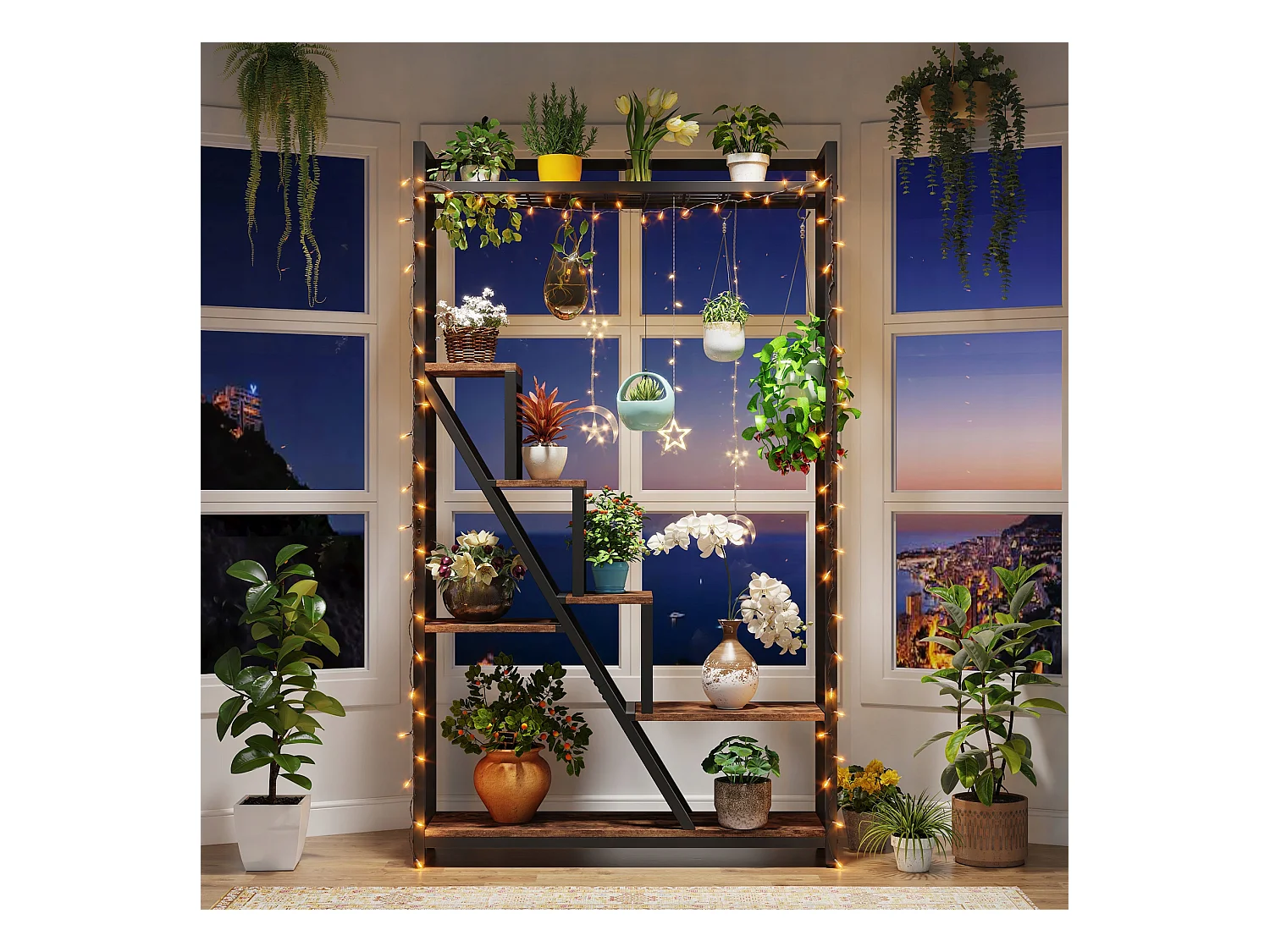 7-laags plantenstandaard voor binnen, 180 cm grote metalen plantenplank met 10 S-haken, bruin