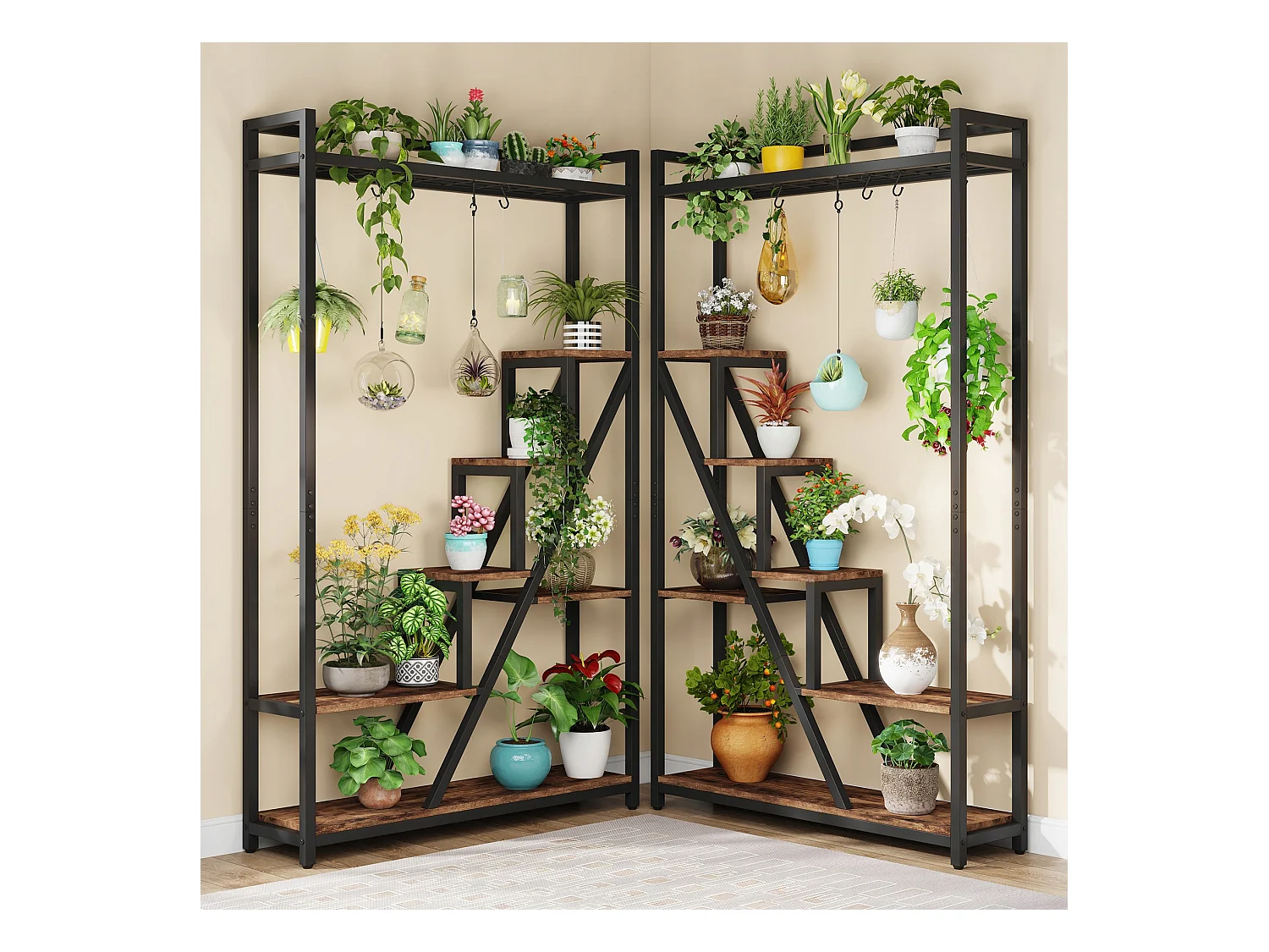 7-laags plantenstandaard voor binnen, 180 cm grote metalen plantenplank met 10 S-haken, bruin