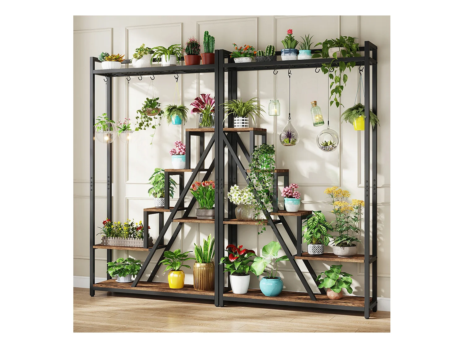 7-laags plantenstandaard voor binnen, 180 cm grote metalen plantenplank met 10 S-haken, bruin