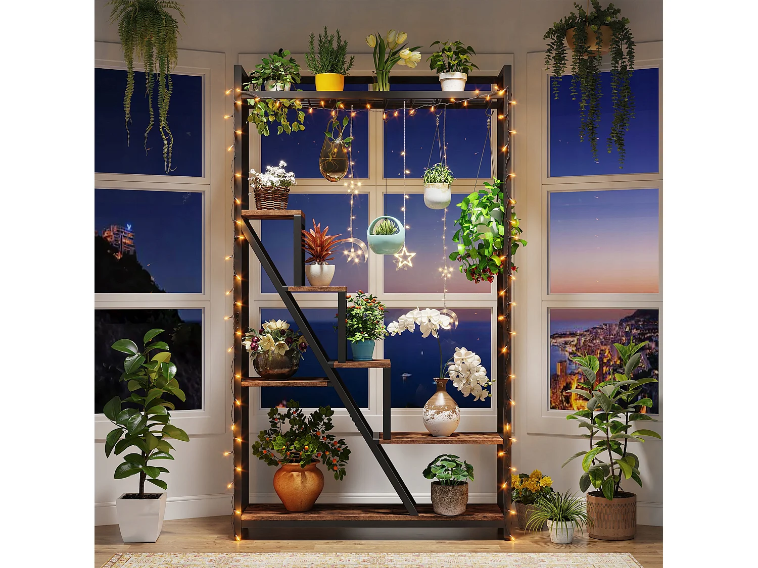 Support pour plantes d'intérieur à 7 niveaux,Grande étagère en métal de 180 cm avec 10 crochets de suspension en S, Marron