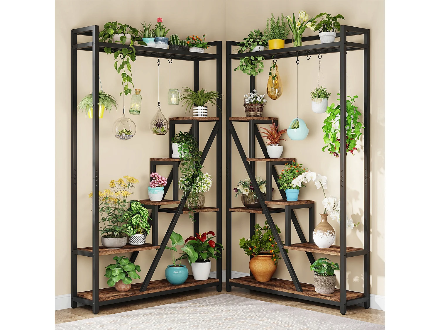 Support pour plantes d'intérieur à 7 niveaux,Grande étagère en métal de 180 cm avec 10 crochets de suspension en S, Marron