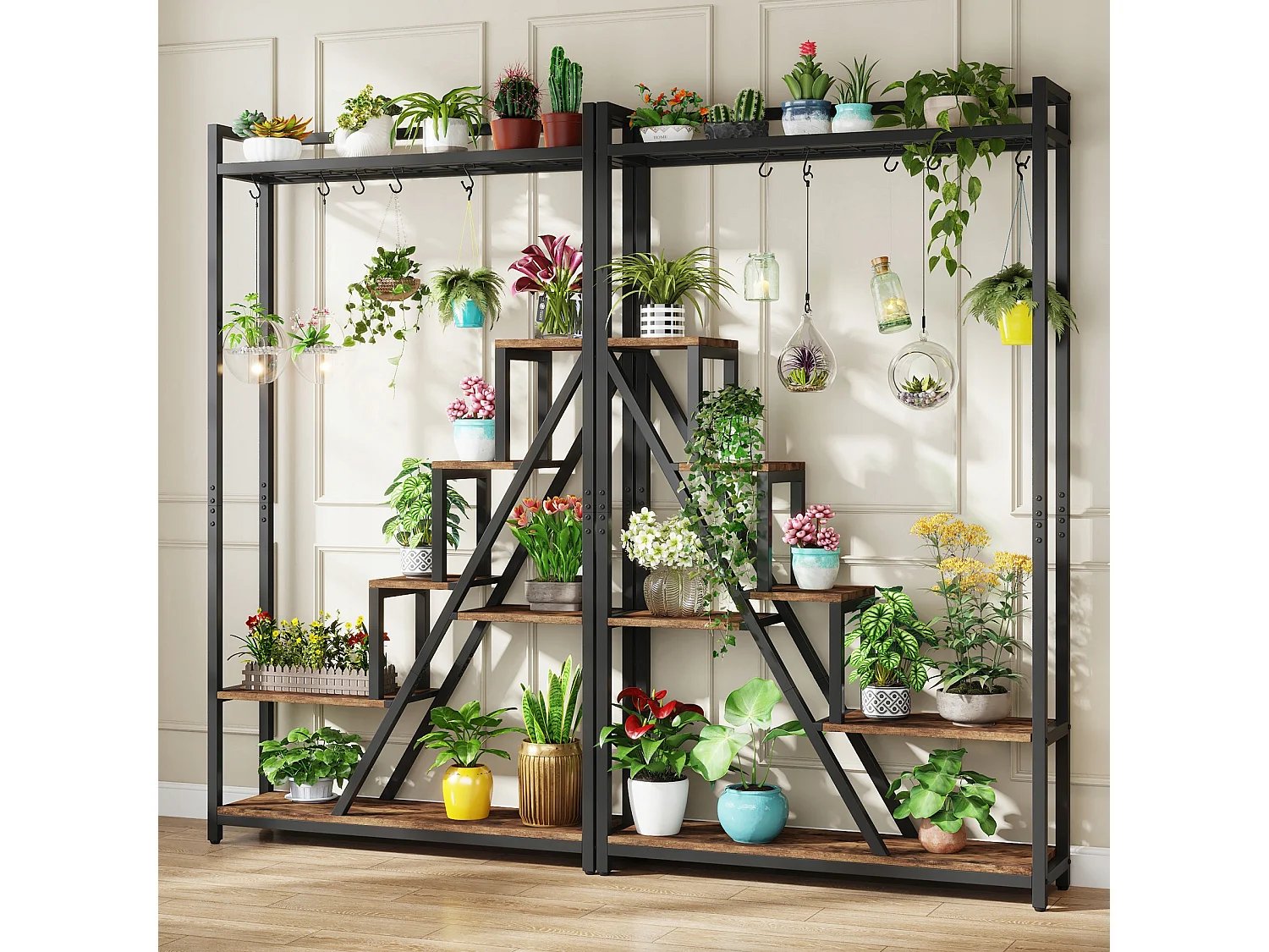 Support pour plantes d'intérieur à 7 niveaux,Grande étagère en métal de 180 cm avec 10 crochets de suspension en S, Marron