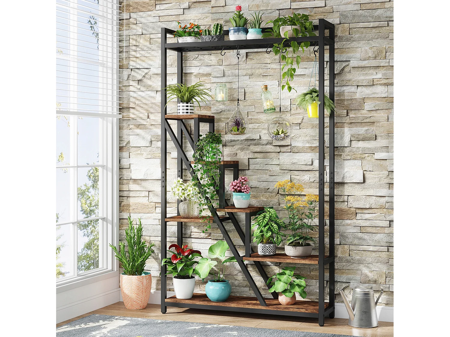 Suporte para plantas de interior com 7 níveis, Grande estante de metal de 180 cm com 10 ganchos de suspensão em S, Marrom