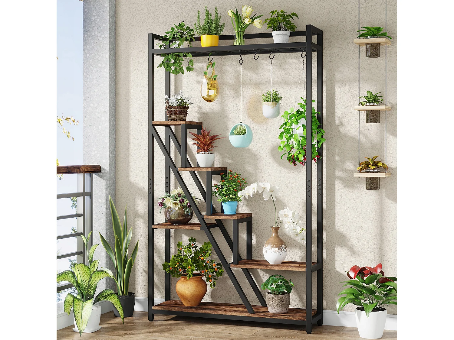 Suporte para plantas de interior com 7 níveis, Grande estante de metal de 180 cm com 10 ganchos de suspensão em S, Marrom