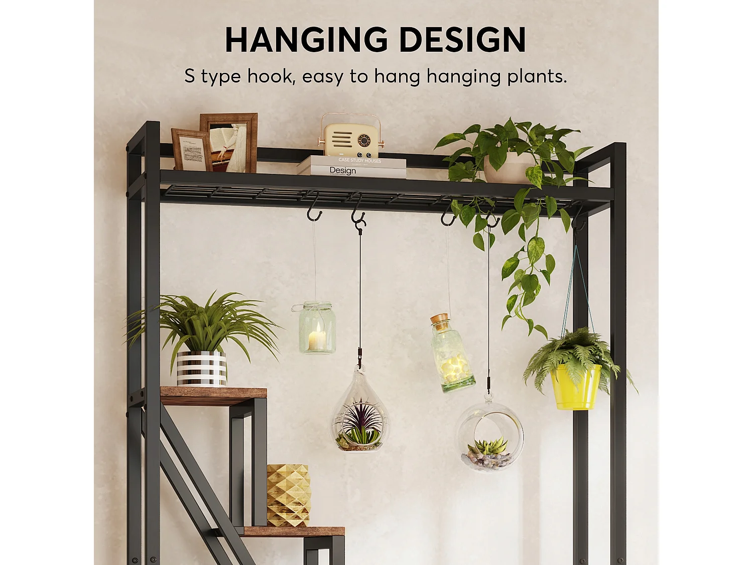 Suporte para plantas de interior com 7 níveis, Grande estante de metal de 180 cm com 10 ganchos de suspensão em S, Marrom