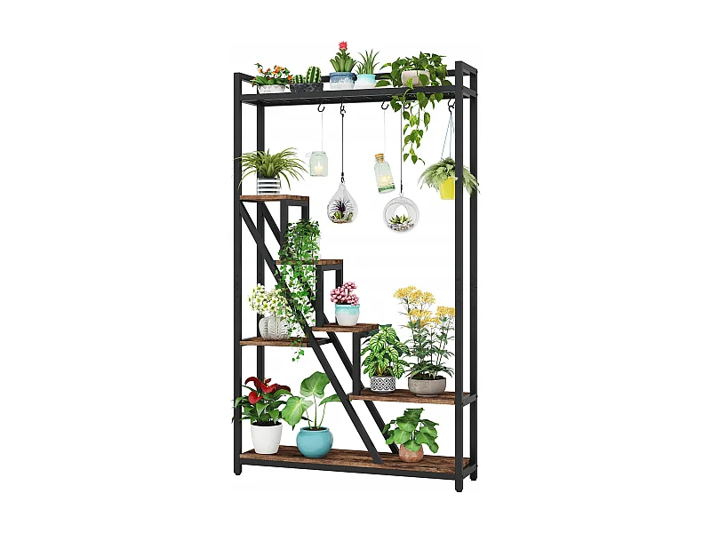 Support pour plantes d'intérieur à 7 niveaux,Grande étagère en métal de 180 cm avec 10 crochets de suspension en S, Marron
