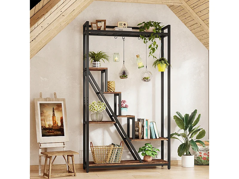 Support pour plantes d'intérieur à 7 niveaux,Grande étagère en métal de 180 cm avec 10 crochets de suspension en S, Marron