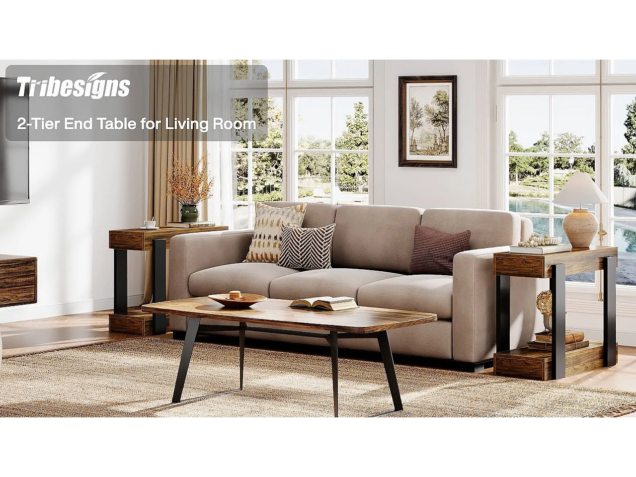 Taburete estrecho de dos niveles, Mesa de salón de madera con marco negro