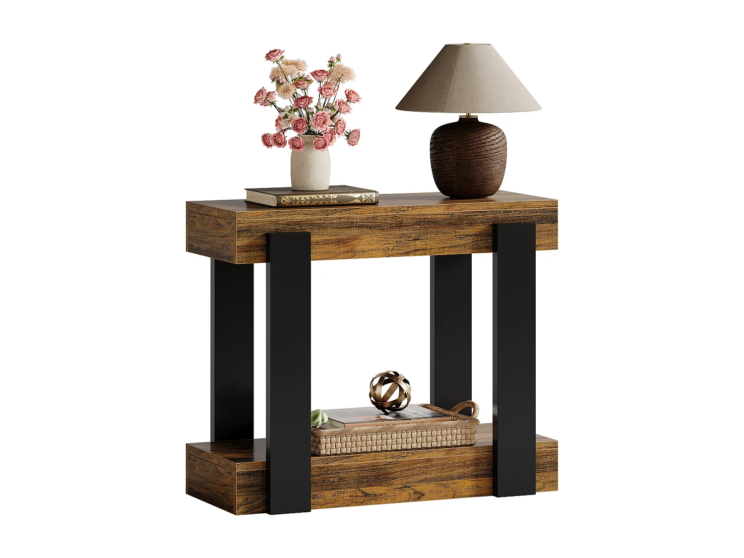 Taburete estrecho de dos niveles, Mesa de salón de madera con marco negro