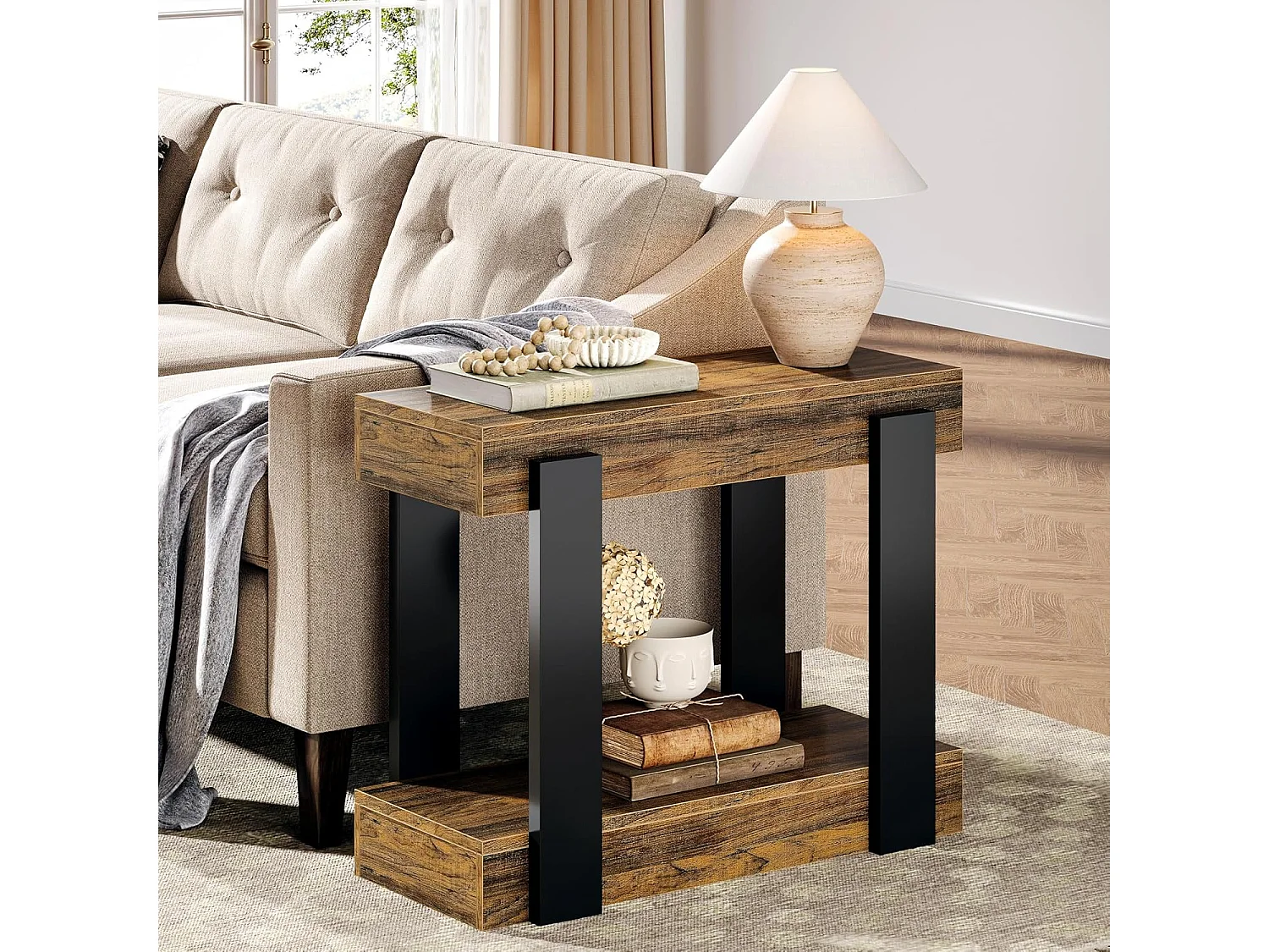 Taburete estrecho de dos niveles, Mesa de salón de madera con marco negro
