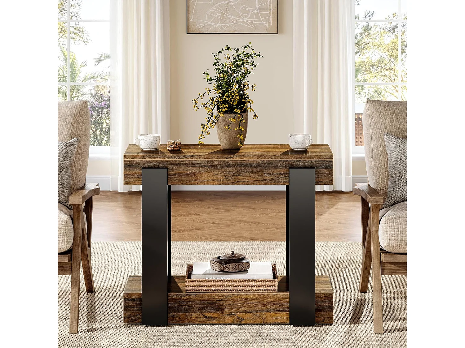 Taburete estrecho de dos niveles, Mesa de salón de madera con marco negro