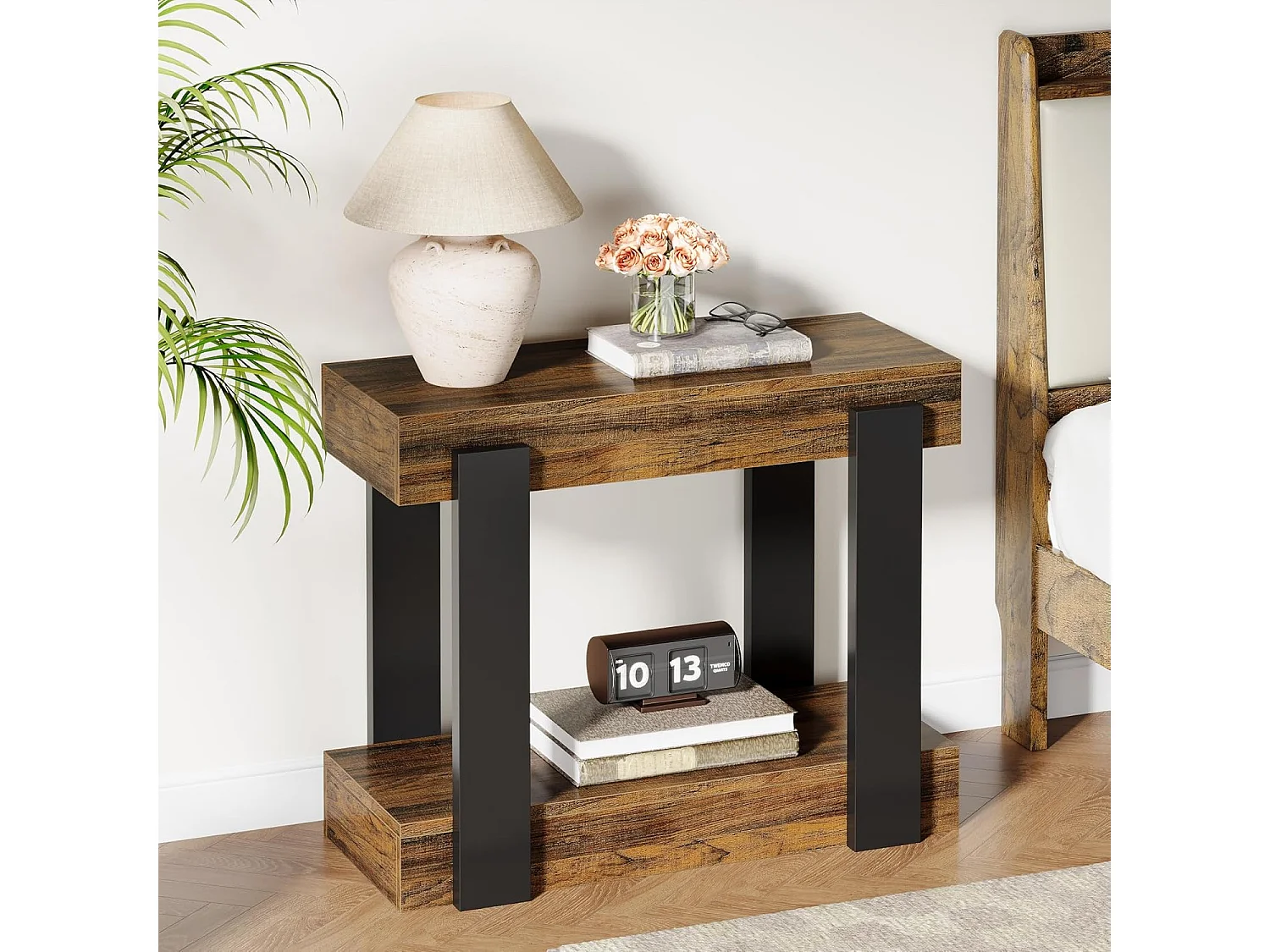 Taburete estrecho de dos niveles, Mesa de salón de madera con marco negro