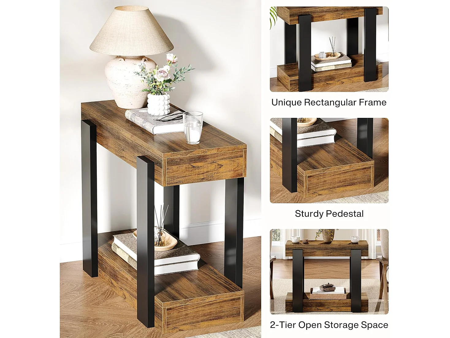 Taburete estrecho de dos niveles, Mesa de salón de madera con marco negro