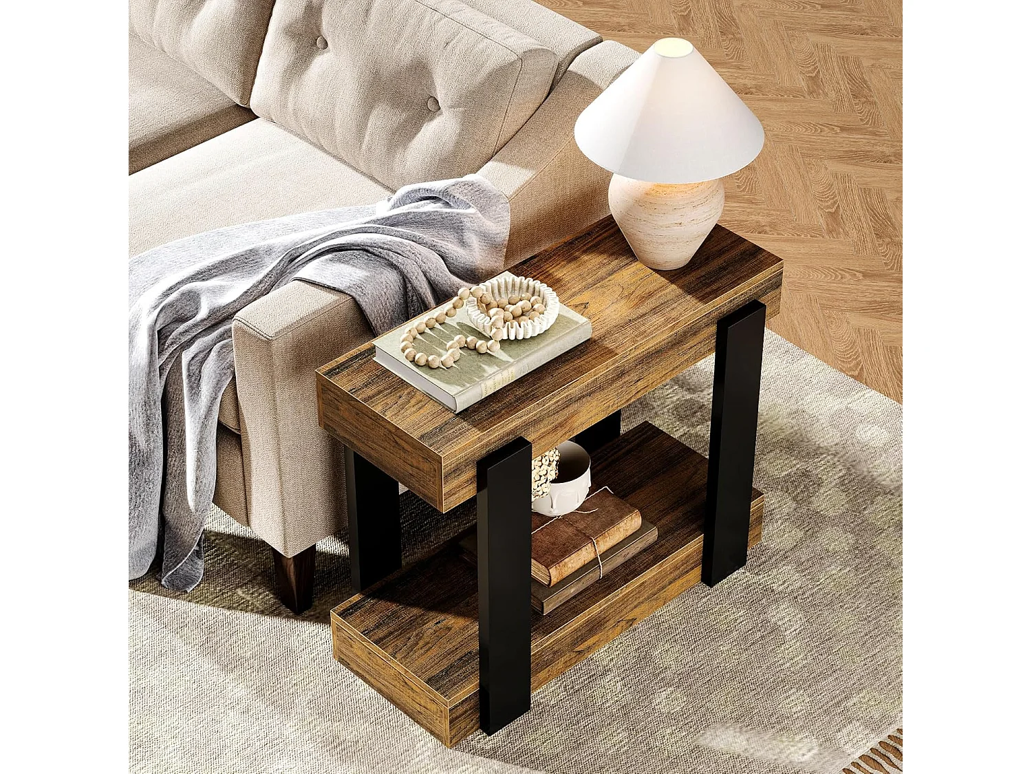 Taburete estrecho de dos niveles, Mesa de salón de madera con marco negro