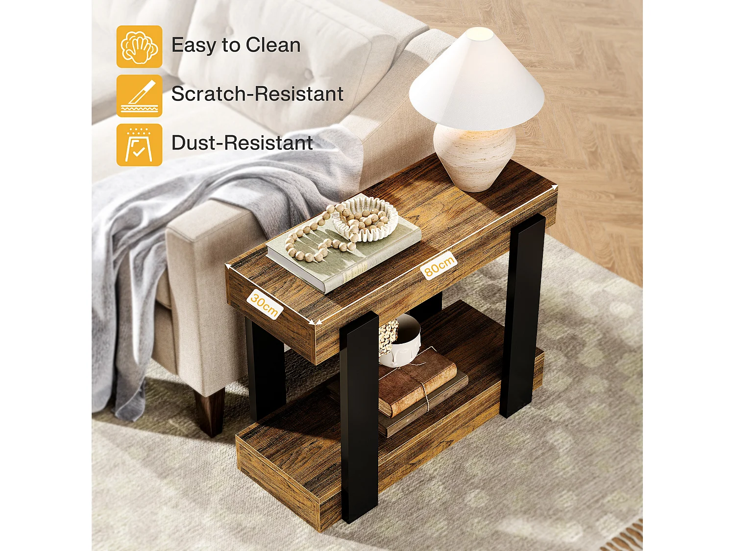 Taburete estrecho de dos niveles, Mesa de salón de madera con marco negro