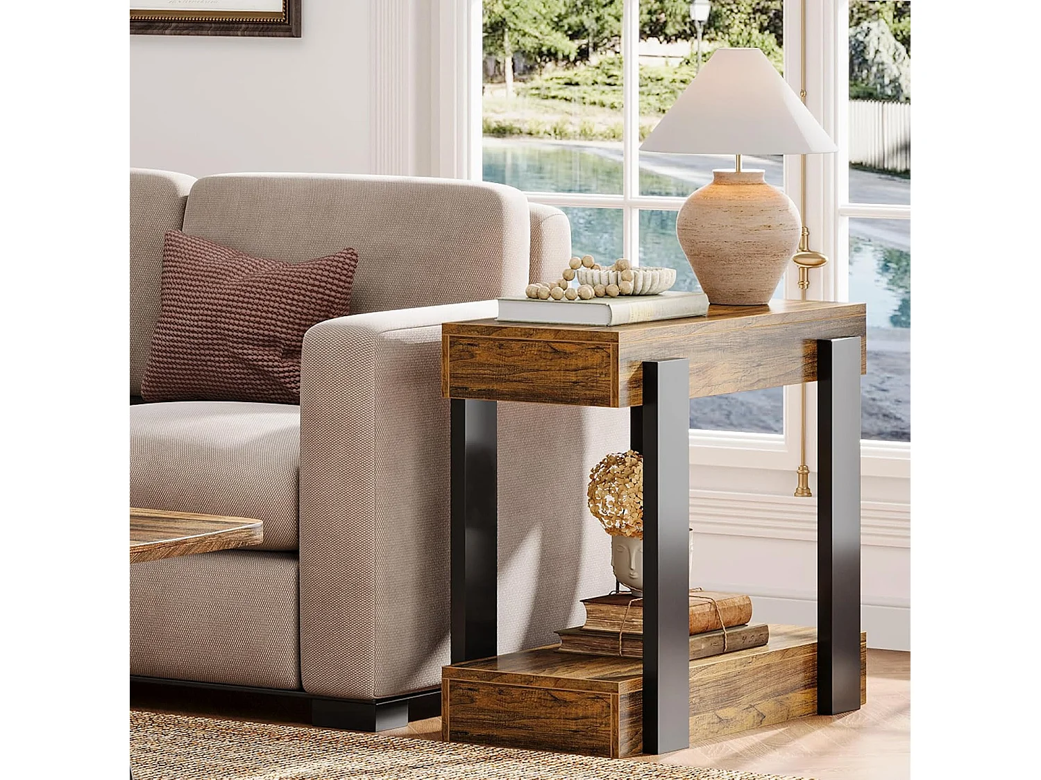 Taburete estrecho de dos niveles, Mesa de salón de madera con marco negro
