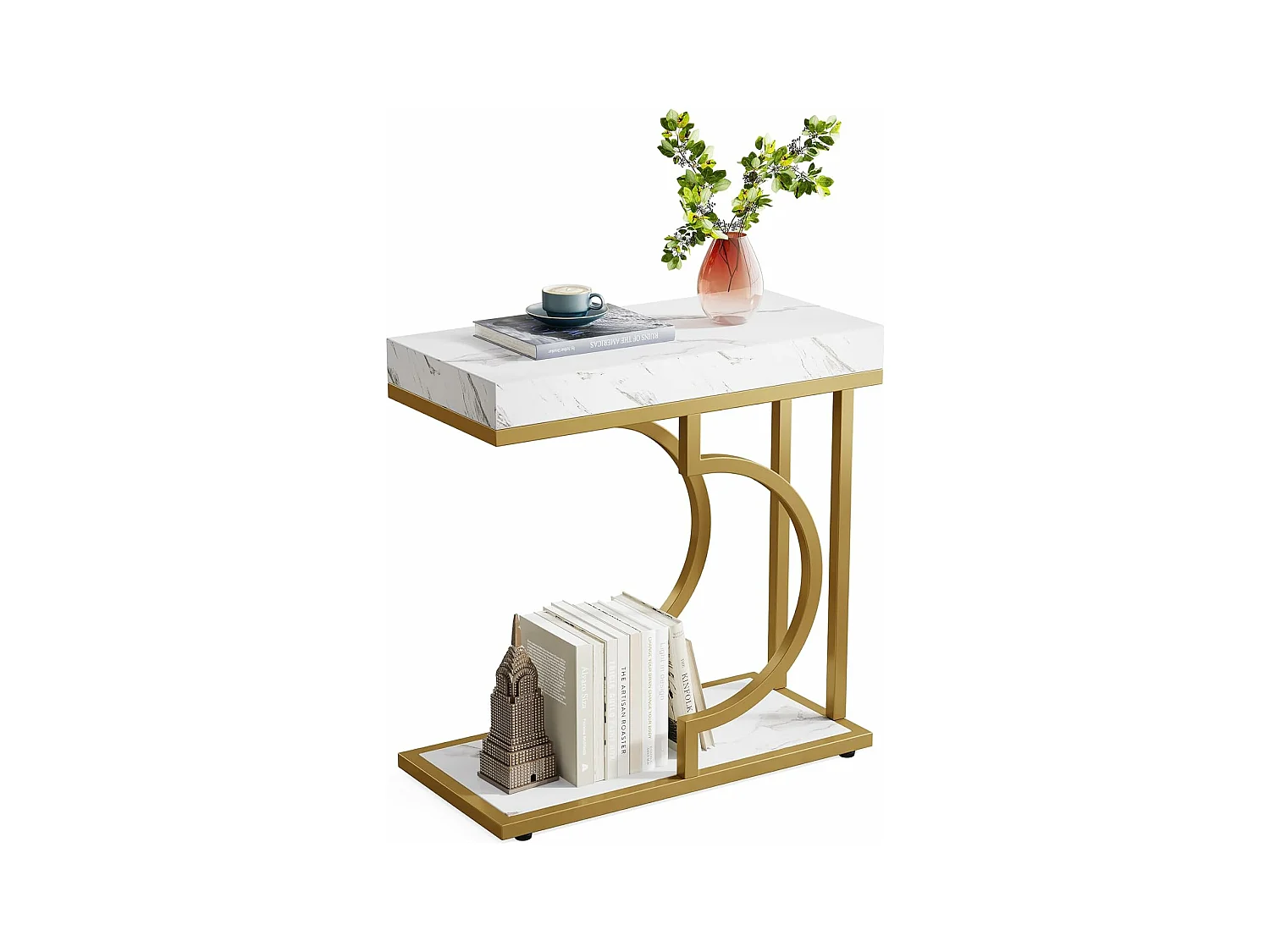 Smalle witgouden bijzettafel - C-vormig bijzettafeltje - modern nachtkastje