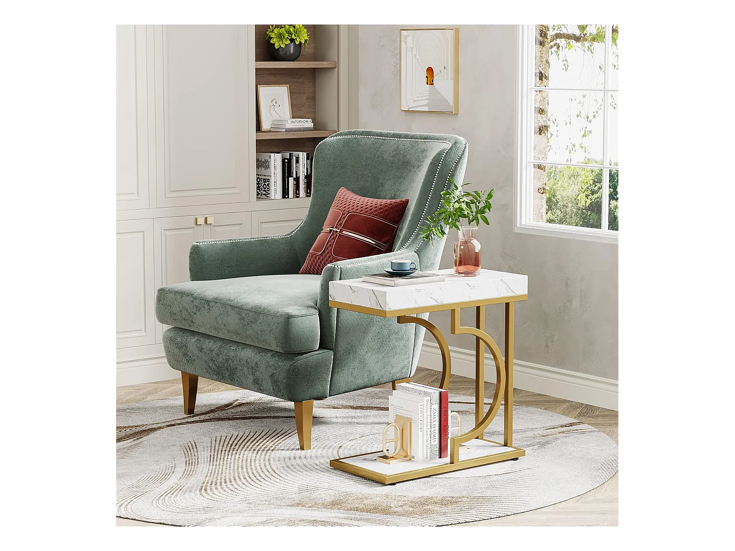 Smalle witgouden bijzettafel - C-vormig bijzettafeltje - modern nachtkastje