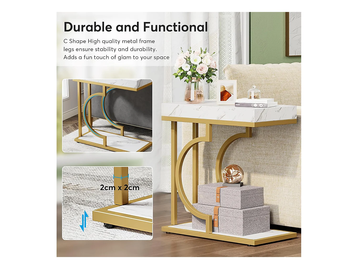 Smalle witgouden bijzettafel - C-vormig bijzettafeltje - modern nachtkastje