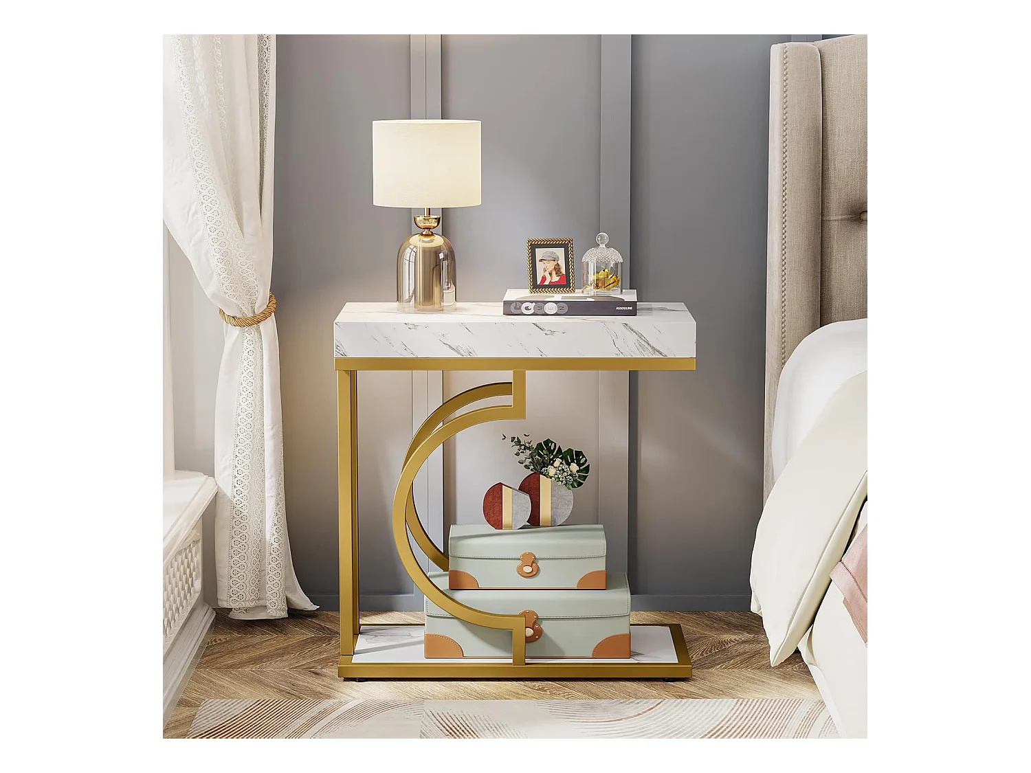 Smalle witgouden bijzettafel - C-vormig bijzettafeltje - modern nachtkastje