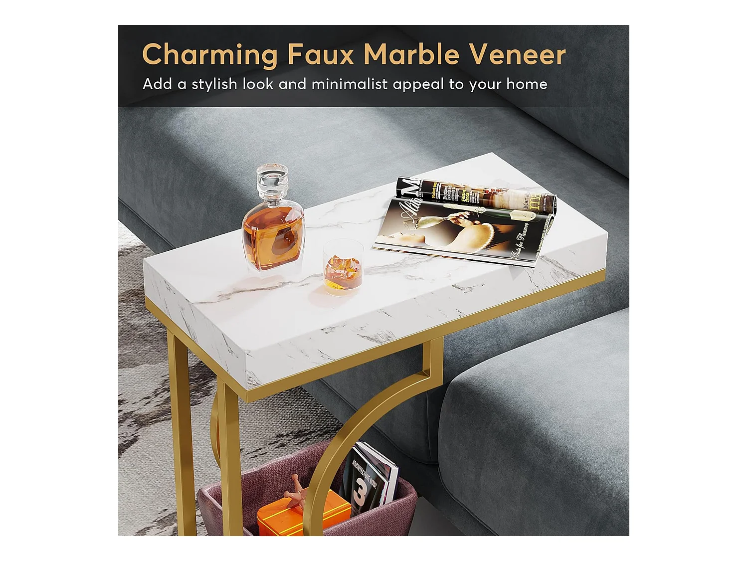 Smalle witgouden bijzettafel - C-vormig bijzettafeltje - modern nachtkastje