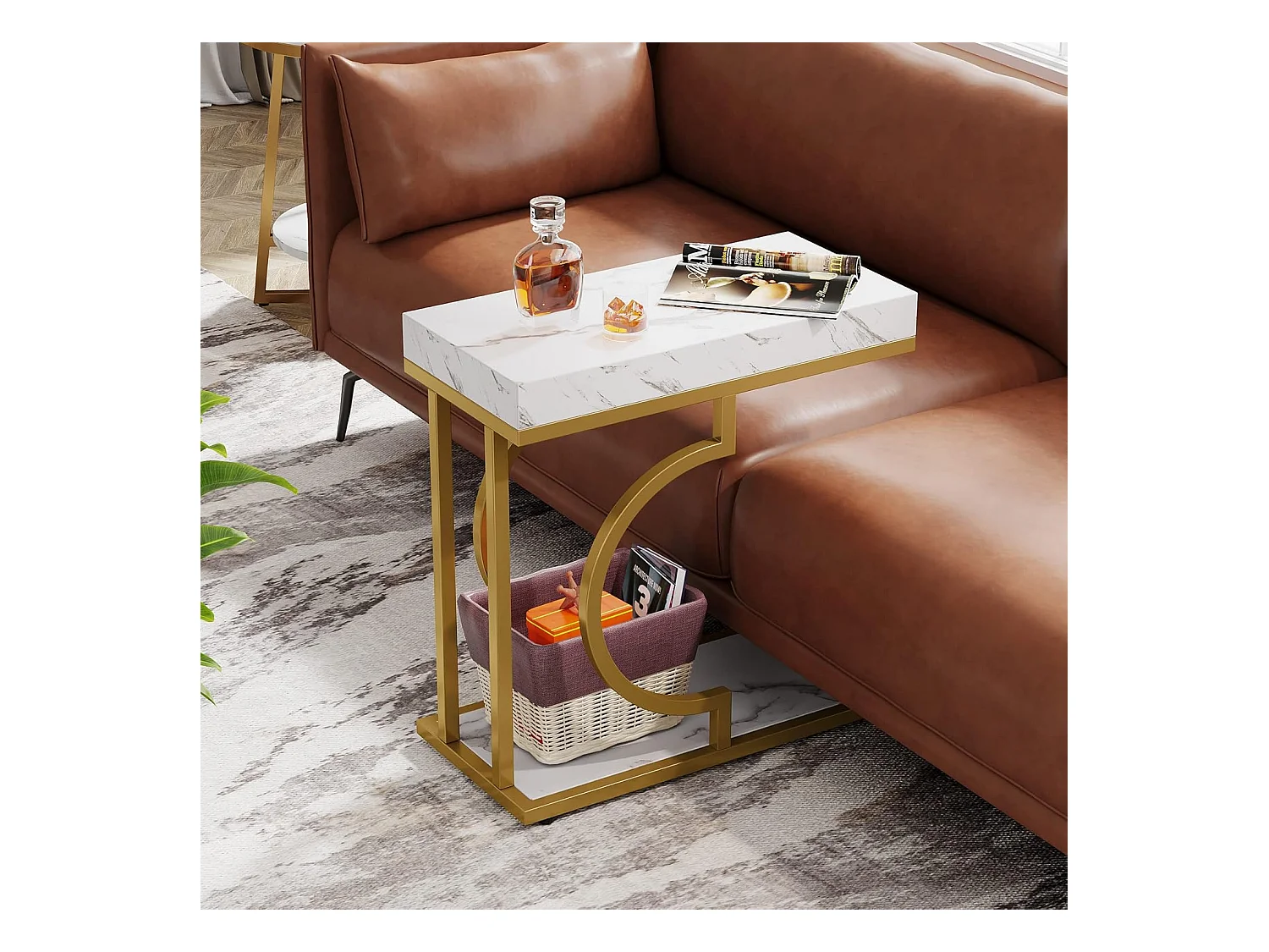 Smalle witgouden bijzettafel - C-vormig bijzettafeltje - modern nachtkastje