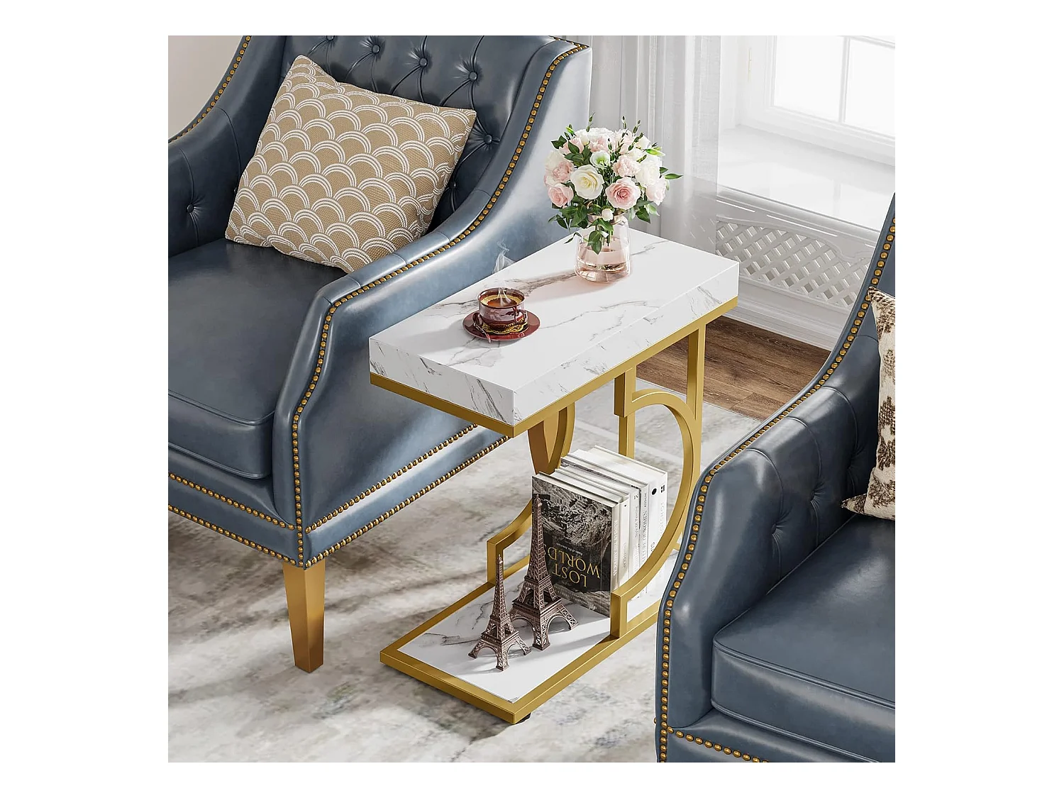 Smalle witgouden bijzettafel - C-vormig bijzettafeltje - modern nachtkastje