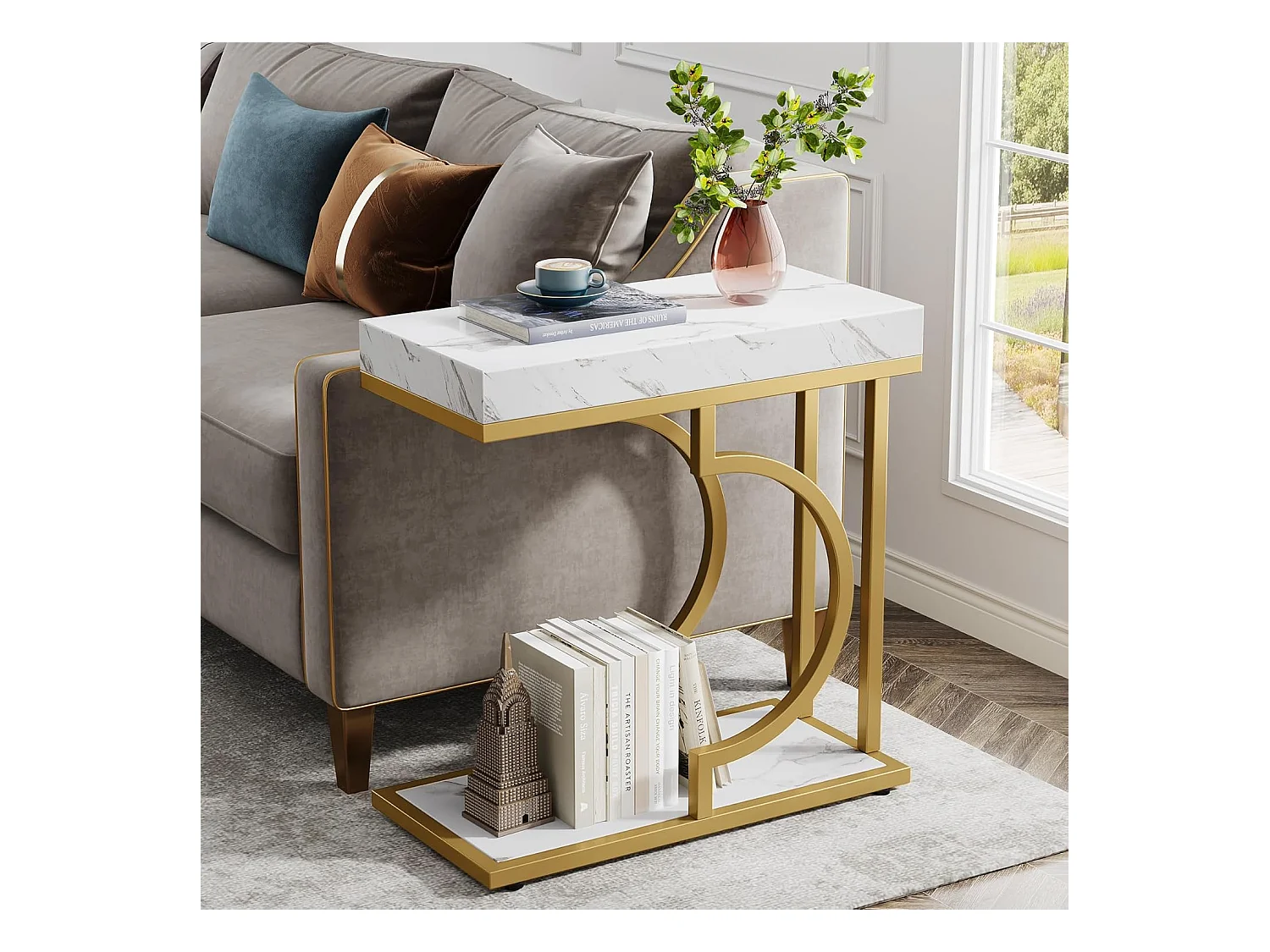 Smalle witgouden bijzettafel - C-vormig bijzettafeltje - modern nachtkastje